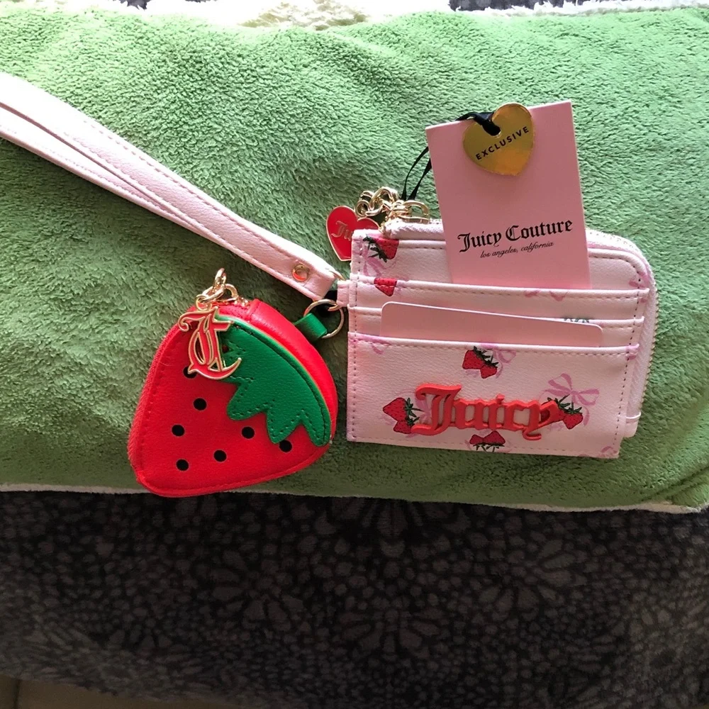 Juicy Couture Pink Cardholder Wristlet with Red & Green Strawberry Charm